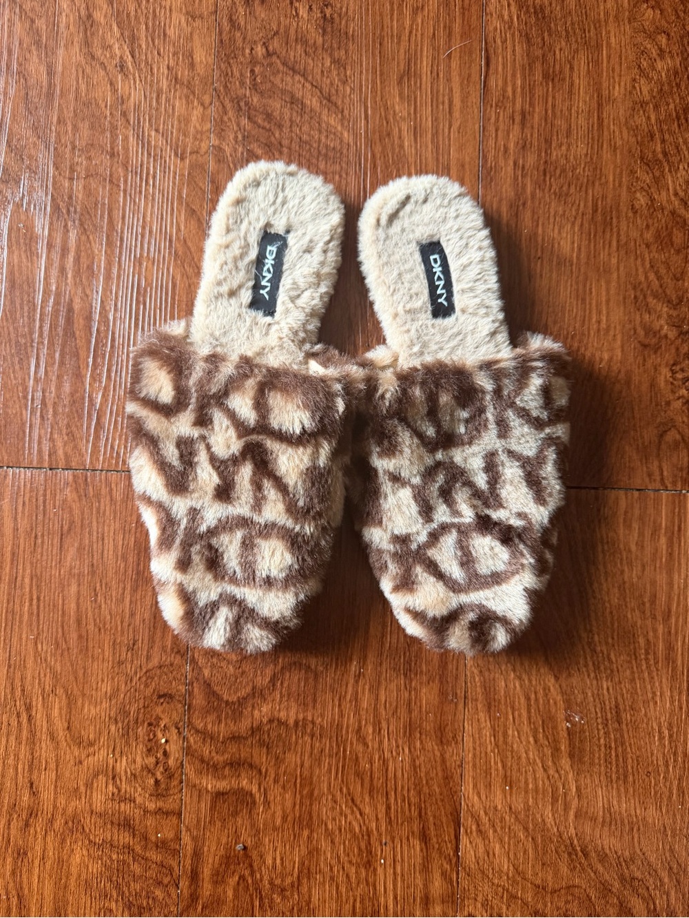 DKNY Fuzzy Logo Slide Slippers in Beige and Brown